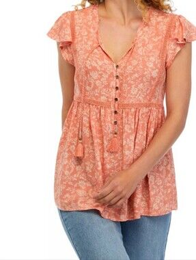 True Craft Sz S Peach Floral Tassel Peasant Top Blouse Tunic Cottagecore Boho HG